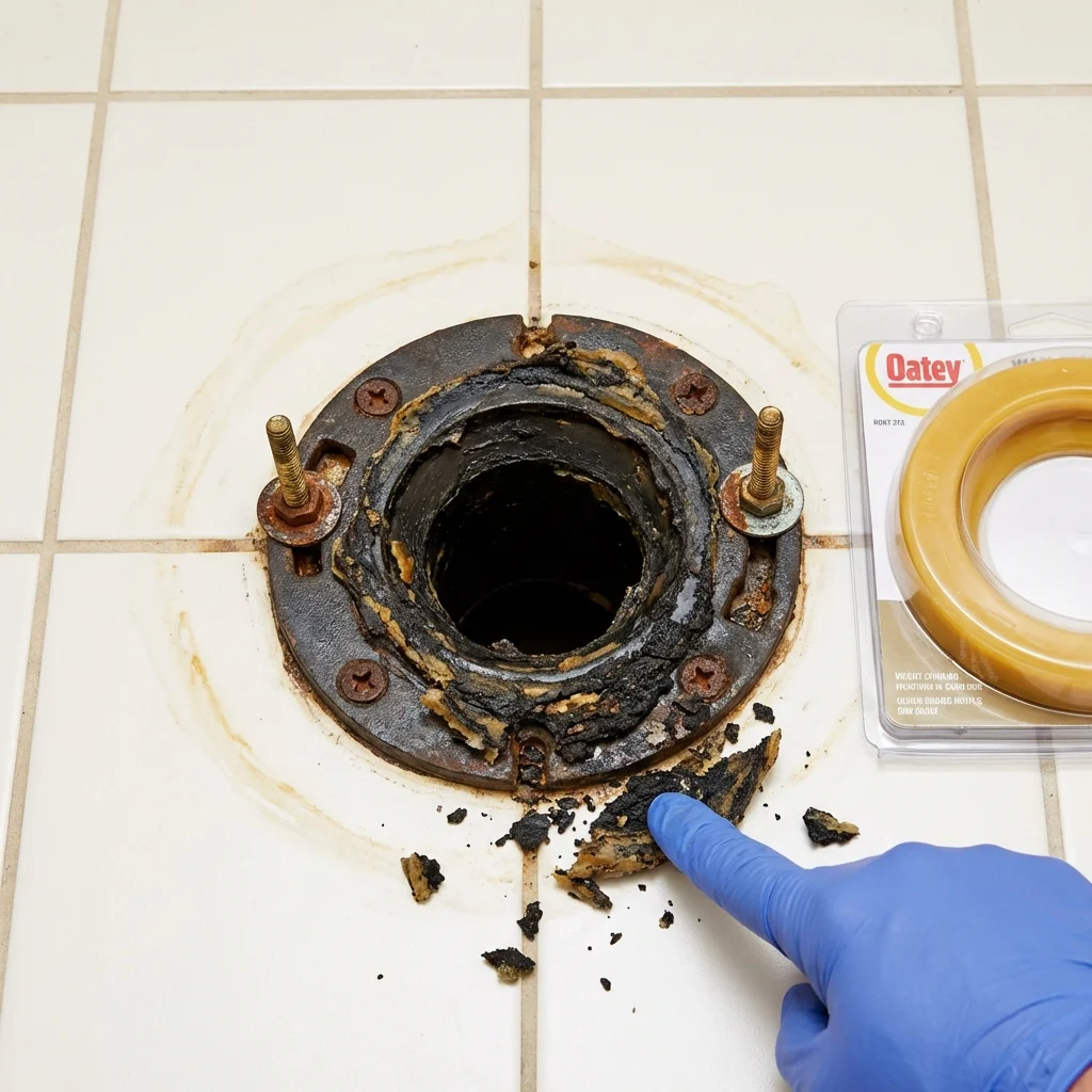 Failed wax ring showing water seepage at the base of a toilet in a Cassville, MO home