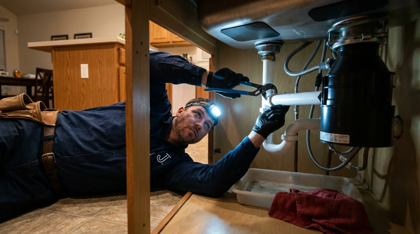 P-trap and supply line connections under a kitchen sink showing a common leak point in Cassville, MO